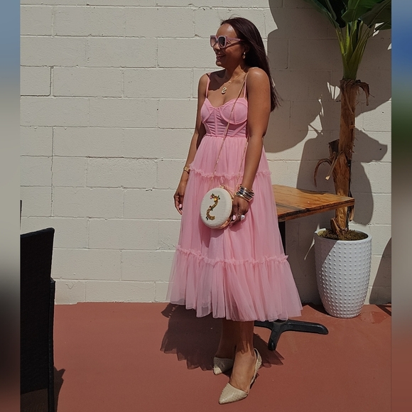 Forever 21 Dresses & Skirts - Pink Tulle Ruffled Bustier Midi Dress